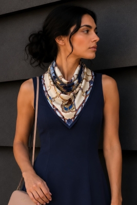 Binici Desen Lacivert-Krem Soft Bandana Fular 50x50 cm - 1