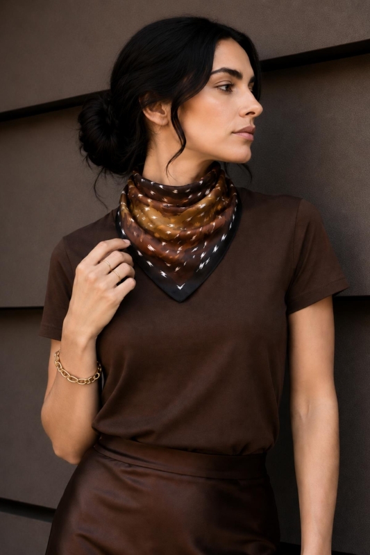 Ceylan Desen Kahve-Taba Soft Bandana Fular 50x50 cm - 2