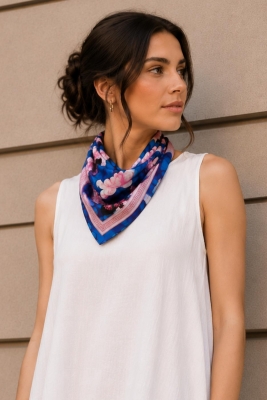 Çiçek Desen Saks Mavisi-Pembe Soft Bandana Fular 50x50 cm - 1