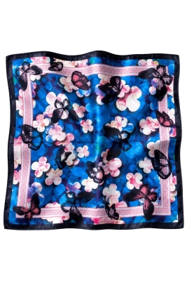 Çiçek Desen Saks Mavisi-Pembe Soft Bandana Fular 50x50 cm - 3