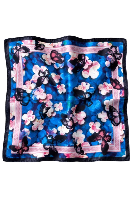 Çiçek Desen Saks Mavisi-Pembe Soft Bandana Fular 50x50 cm - 3