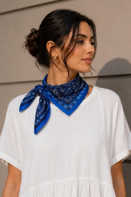 Çift Renk Desen Saks Mavisi Soft Bandana Fular 50x50 cm - 1