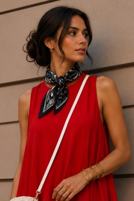 Damla Desen Siyah-Beyaz Soft Bandana Fular 50x50 cm - 1