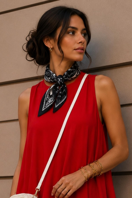 Damla Desen Siyah-Beyaz Soft Bandana Fular 50x50 cm - 1