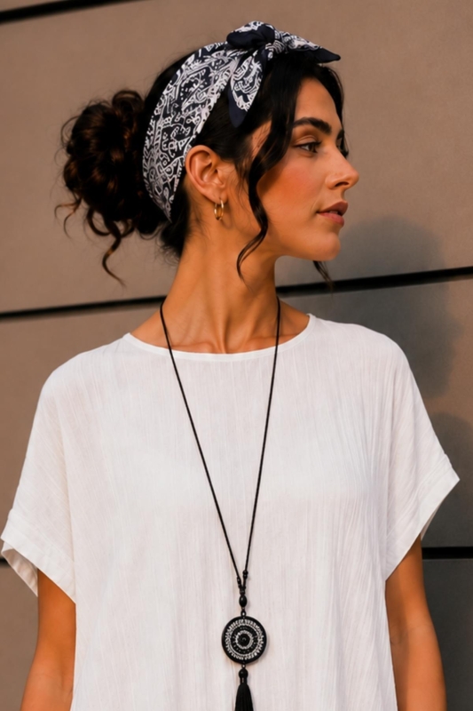 Etnik Şal Desen Siyah-Beyaz Soft Bandana Fular 50x50 cm - 3
