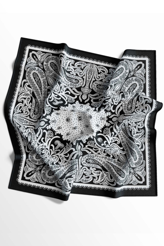 Etnik Şal Desen Siyah-Beyaz Soft Bandana Fular 50x50 cm - 5