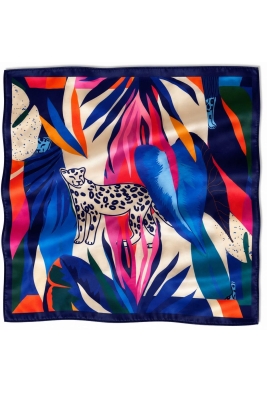  Leoparlı Tropik Yaprak Desen Saks-Fuşya Soft Bandana Fular 50x50 cm - 4