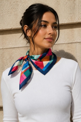 Modern Geometrik Desen Mercan-Yeşil Soft Bandana Fular 50x50 cm - 1