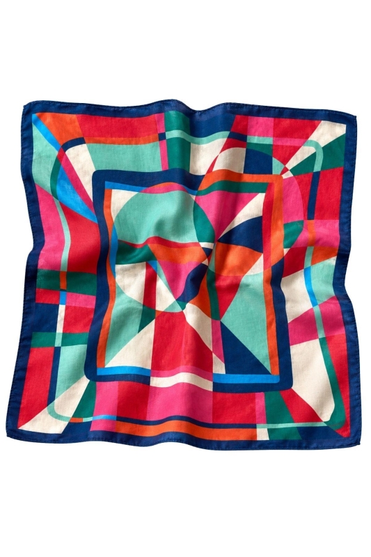 Modern Geometrik Desen Mercan-Yeşil Soft Bandana Fular 50x50 cm - 3