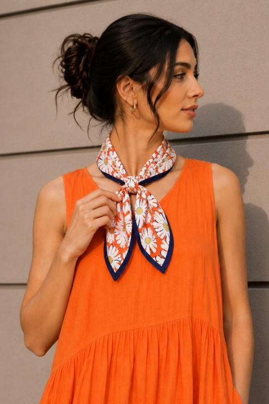 Papatya Desen Turuncu-Sarı Soft Bandana Fular 50x50 cm - 2