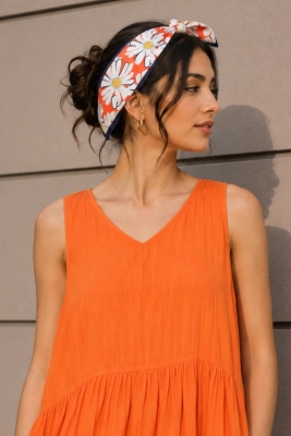 Papatya Desen Turuncu-Sarı Soft Bandana Fular 50x50 cm - 3