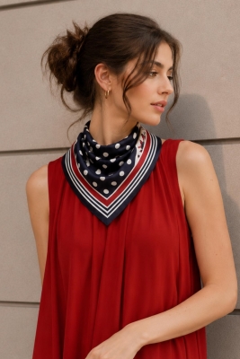 Puantiye Çerçeve Desen Siyah-Kırmızı Soft Bandana Fular 50x50 cm - 1