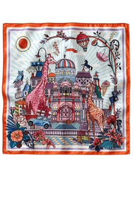 Şehir Temalı Zürafa Desen Turuncu Soft Bandana Fular 50x50 cm - 3
