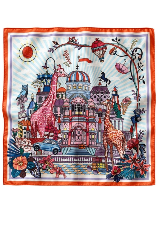 Şehir Temalı Zürafa Desen Turuncu Soft Bandana Fular 50x50 cm - 3