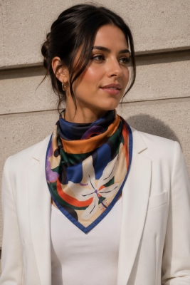 Soyut Çiçek Desen Saks Mavi-Turuncu Soft Bandana Fular 50x50 cm - 1