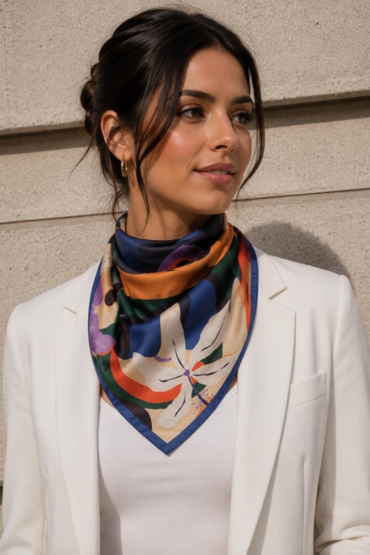 Soyut Çiçek Desen Saks Mavi-Turuncu Soft Bandana Fular 50x50 cm - 1