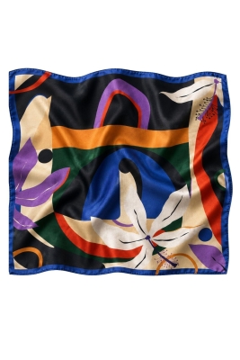 Soyut Çiçek Desen Saks Mavi-Turuncu Soft Bandana Fular 50x50 cm - 3