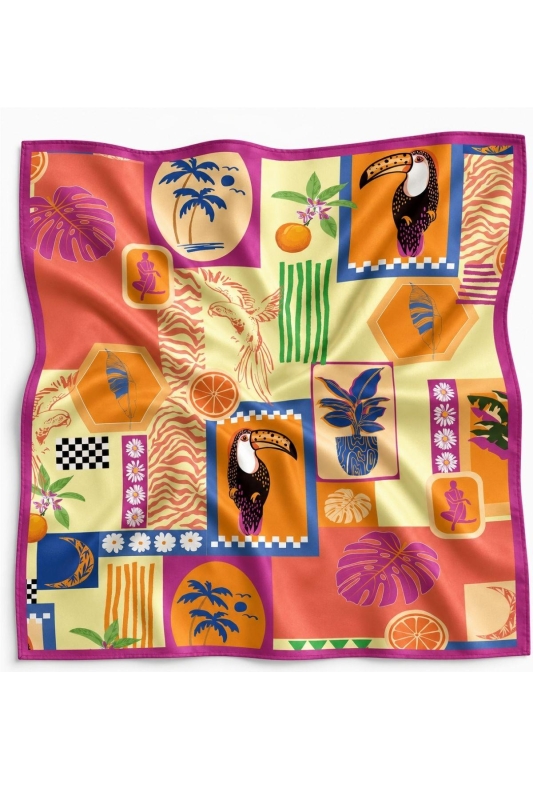 Tropikal Kolaj Desen Fuşya-Turuncu Soft Bandana Fular 50x50 cm - 4