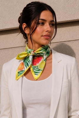 Tropikal Meyve Desen Sarı-Yeşil Soft Bandana Fular 50x50 cm - 1