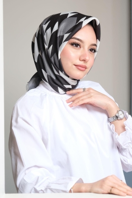 Geometrik Desen Siyah - Beyaz Pamuk Eşarp 