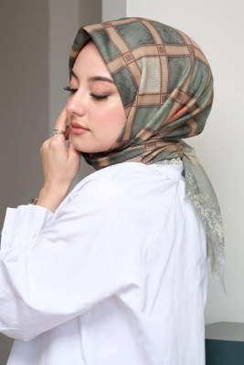 Geometrik Desen Yeşil Pamuk Eşarp 