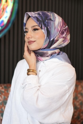 Dalgalı Çiçek Desen Leylak Pamuk Eşarp - Afvente