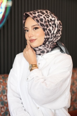 Leopar Desen Bej Pamuk Eşarp - Afvente