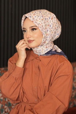 Mini Çiçek Desen İndigo Pamuk Eşarp - Afvente