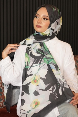 Yapraklı Çiçek Desen Yeşil Pamuk Şal - AFVENTE