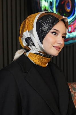 Çiçek Desen Sarı Soft Pamuk Eşarp 