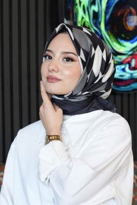 Geometrik Desen Siyah - Beyaz Soft Pamuk Eşarp 