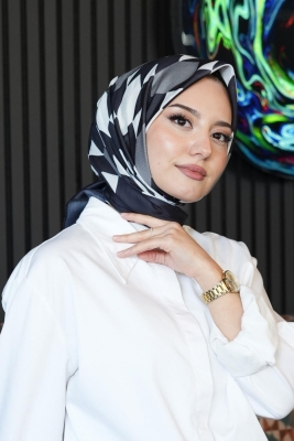 Geometrik Desen Siyah - Beyaz Soft Pamuk Eşarp - 2