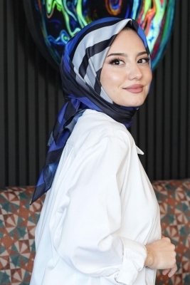 Çizgili Desen Mavi Soft Pamuk Eşarp 