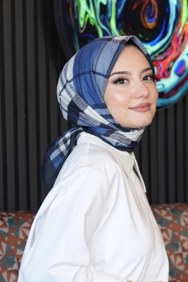 Kare-Çizgili Desen Mavi Soft Pamuk Eşarp 