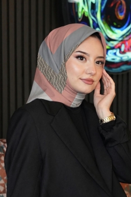 Geometrik Desen Gri - Somon Soft Pamuk Eşarp 