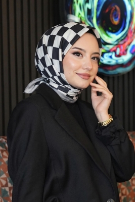 Kareli Desen Siyah - Beyaz Soft Pamuk Eşarp 