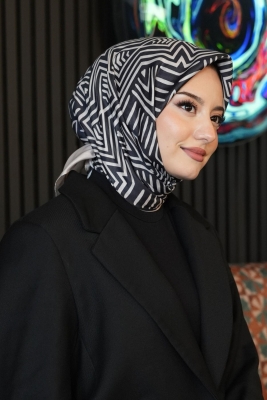 Geometrik Desen Siyah Soft Pamuk Eşarp 