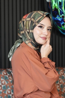 Geometrik Desen Yeşil Soft Pamuk Eşarp 