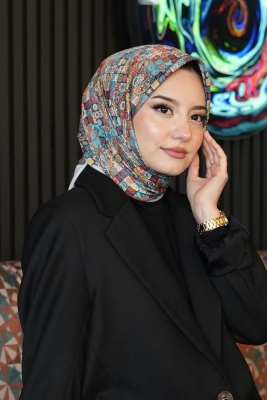 Geometrik Desen Mavi Soft Pamuk Eşarp 