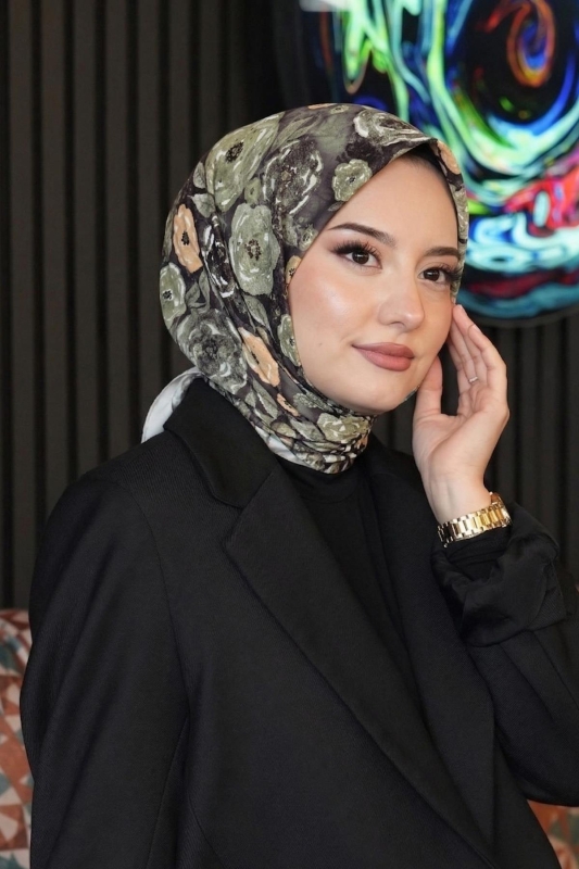 Bahar Desen Haki Soft Pamuk Eşarp - 1