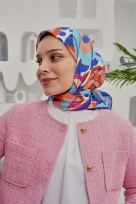 Yaprak Desen Mavi Soft Pamuk Eşarp - 4