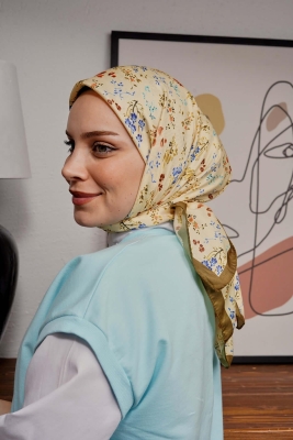 Çiçek Desen Hardal Soft Pamuk Eşarp - 2