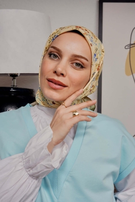 Çiçek Desen Hardal Soft Pamuk Eşarp - 3