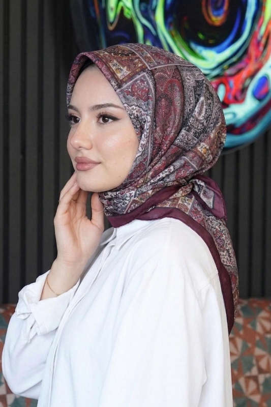 Etnik Desen Bordo Soft Pamuk Eşarp - 1