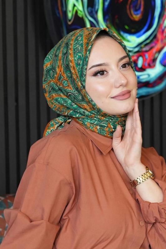 Etnik Yıldız Desen Zümrüt Soft Pamuk Eşarp - 1