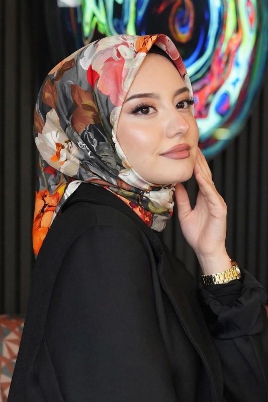 Gül Desen Turuncu Soft Pamuk Eşarp - 1