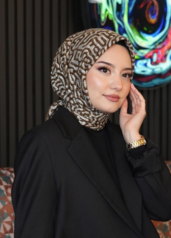 Labirent Desen Kahverengi Soft Pamuk Eşarp - 1