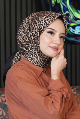Leopar Desen Bej Soft Pamuk Eşarp - 1