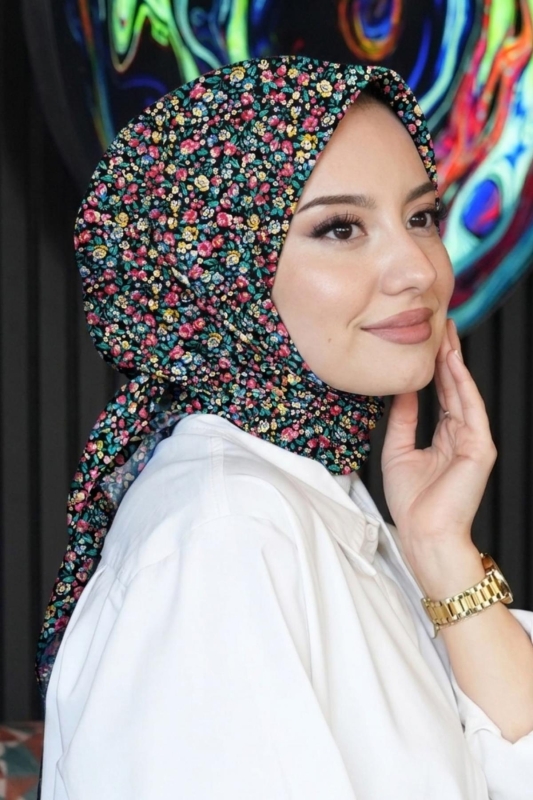 Mini Çiçek Desen Fuşya Soft Pamuk Eşarp - 1