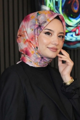 Orkide Desen Pudra Soft Pamuk Eşarp - 1